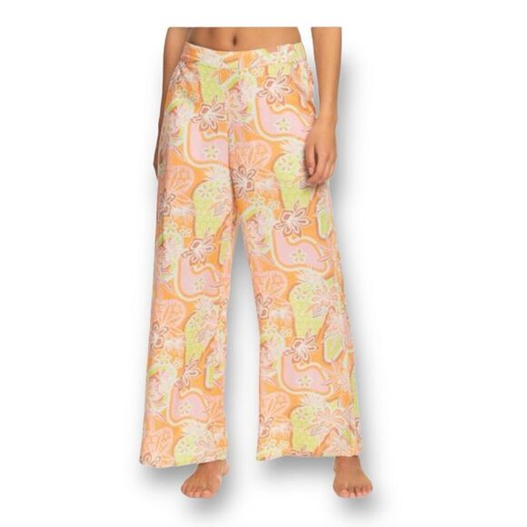 Roxy Midnight Avenue Wide Leg Lightweight Pants women’s Size XL orange floral - Picture 1 of 9